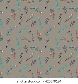 Seamless pattern with flowers and branches. Hand-drawn, country style, vector. Use for fabric, paper goods, cards, gadges, web page background, pattern fills and so much more