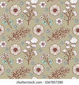 Seamless, pattern with flowers, branches, leaves, plants, herbs. Natural background 