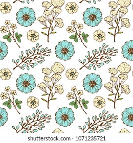 Seamless pattern with flowers, branches, leaves, plants, herbs. Botanical background 