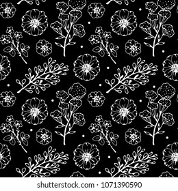 Seamless pattern with flowers, branches, leaves, plants, herbs. Botanical background 
