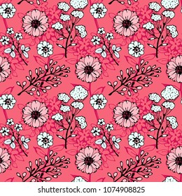 Seamless pattern with flowers, branches, leaves, plants, herbs. Floral background. Summer print. Fabric design
