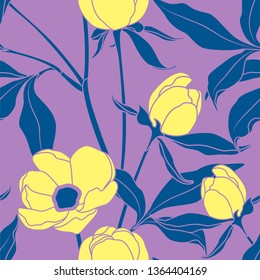 seamless pattern of flowers, branches and leaves