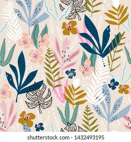 Padrão sem emenda com flores, galhos, folhas. Textura floral criativa. Ótimo para tecido, ilustração vetorial têxtil