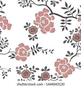 seamless pattern of flowers, branches and leaves