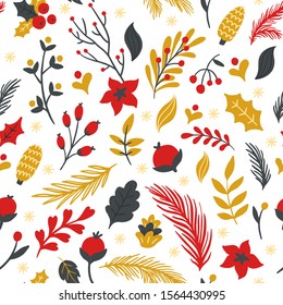 Seamless pattern with flowers, branches, leaves, cones and berries. Cute hand-drawn vector illustration. Winter floral texture. Great for fabric, textile, wallpaper or background.