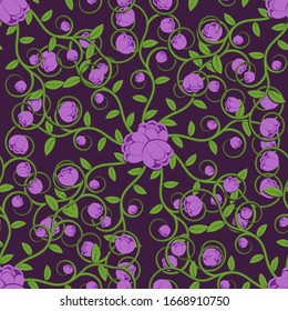 seamless pattern with flowers branches and leaves on a purple dark background. Vector image eps 10