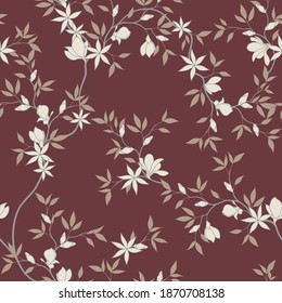 seamless pattern of flowers, branches and leaves