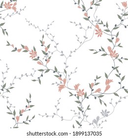 seamless pattern of flowers, branches and leaves