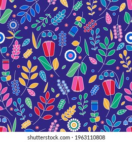 Nahtloses Muster mit Blumen, Ästen und Blättern im Stil einer botanischen Skizze auf dunkelblauem Hintergrund. Textur für Gewebe, Packpapier.