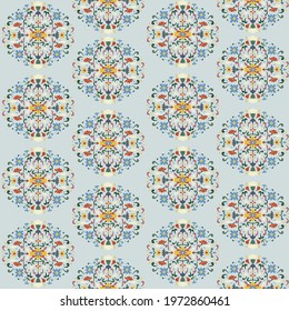 Seamless pattern. Flowers, branches and leaves in botanical composition. Vegetal natural ornamentation. Various abstract shapes and lines. Tile stencil. For paper, cover, fabric, gift wrap. Vector