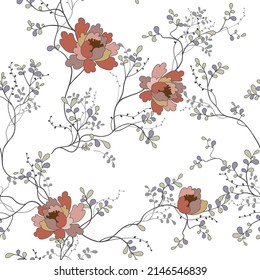 seamless pattern of flowers, branches and leaves