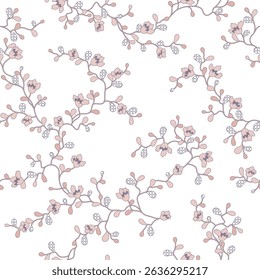 seamless pattern of flowers, branches and leaves