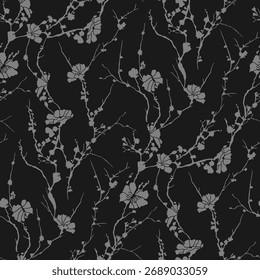 Sem emenda padrão flores ramificações folhas no fundo cinza