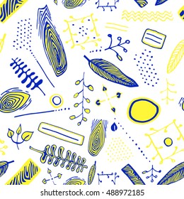 Seamless pattern with flowers, branches. leaves, berires Hand drawn