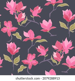 Seamless pattern with flowers and branches of magnolia. Vector graphics.