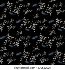 Seamless Pattern with Flowers and Branches on Dark Background. Simple Rapport for Textile, Cloth, Upholstery, Wallpaper. Fluffy Inflorescences and Leaves on Black Background