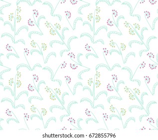 Seamless Pattern with Flowers and Branches on Light Background. Simple Rapport for Textile, Cloth, Upholstery, Wallpaper. Fluffy Inflorescences and Leaves on White Background