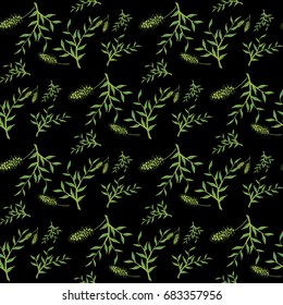 Seamless Pattern with Flowers and Branches on Dark Background. Simple Rapport for Textile, Cloth, Upholstery, Wallpaper. Fluffy Inflorescences and Leaves on Black Background