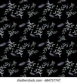 Seamless Pattern with Flowers and Branches on Dark Background. Simple Rapport for Textile, Cloth, Upholstery, Wallpaper. Fluffy Inflorescences and Leaves on Black Background