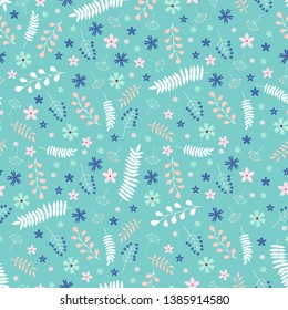 Seamless pattern with flowers and branches in white, blue, pink and turquoise colors. For wallpapers, decoration, invitation, fabric, textile and print, web page background, gift and wrapping paper.