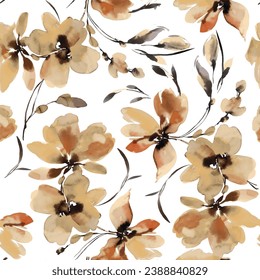 Seamless pattern of flowers with brown floral background elements