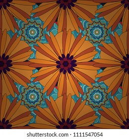 Seamless pattern of flowers in a brown, orange and blue colors. Imitation embroidery. Vector textile print template fashion paisley field wallpaper art.