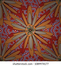 Seamless pattern of flowers in a brown, yellow and red colors. Imitation embroidery. Vector textile print template fashion paisley field wallpaper art.