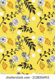 Seamless pattern with flowers and brunches in the yellow background