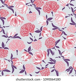 Seamless pattern with flowers and buds of clover on a violet background. Vector illustration.