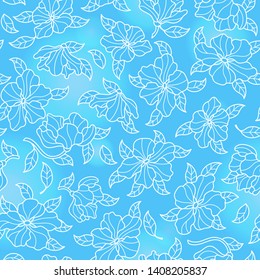 Seamless pattern with flowers, buds and leaves, light outline patterns on blue background