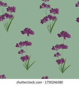 Seamless pattern with flowers, buds, and leaves of lavender flowers on a gray-blue background.