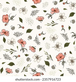 Seamless pattern with flowers, buds, leaves and wildflowers on a cream background. It can be used for textiles, decorations, greeting cards, ads, posters and advertisements.