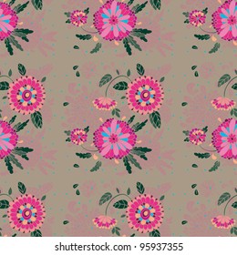 Seamless pattern with flowers, buds and leaves in the background.