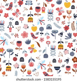 Seamless pattern with flowers, bugs, dragonflies, moths in Scandinavian style. Perfect for wrapping paper, wallpaper, fabric texture