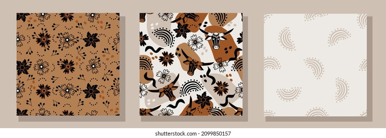 seamless pattern with flowers, bull and rainbow, vector design for paper, fabric and other surface