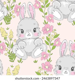 Seamless pattern of flowers and Bunnys background. Cute little rabbit and flowers background. Hand Drawn vector illustration textile design.