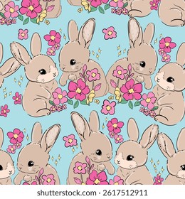 Seamless pattern of flowers and Bunnys background. Cute little rabbit and flowers background. Hand Drawn vector illustration textile design.