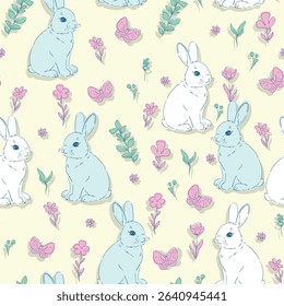 Seamless pattern of flowers and Bunnys background. Cute little rabbit and flowers background. Hand Drawn vector illustration textile design.