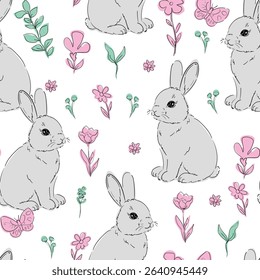 Seamless pattern of flowers and Bunnys background. Cute little rabbit and flowers background. Hand Drawn vector illustration textile design.