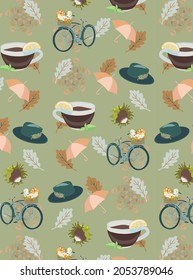 Seamless pattern with flowers and busecle on the green background