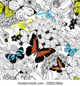 Seamless pattern with flowers and butterflies