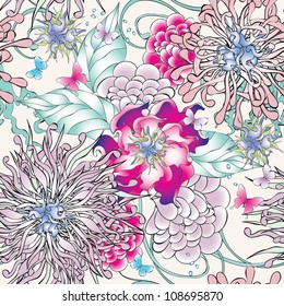 Seamless pattern with flowers and butterflies