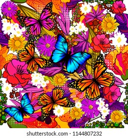 Seamless pattern with flowers and butterflies