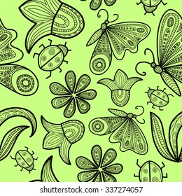 Seamless pattern with flowers and butterflies