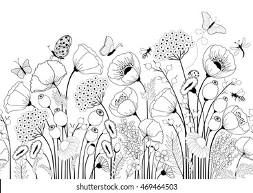 Seamless pattern with  flowers and butterflies
