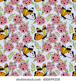 Seamless pattern with flowers and butterflies