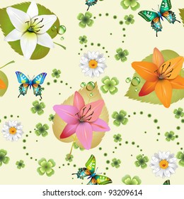Seamless pattern with flowers and butterflies