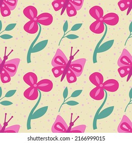 Nahtlose Muster mit Blumen und Schmetterlingen, abstrakte sich wiederholende Muster.Für Papier, Deckel, Gewebe, Textilien, Geschenkverpackung, Werbung, Tapete, Innendekoration. Vektorgrafik der Mode.