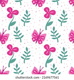 Nahtlose Muster mit Blumen und Schmetterlingen, abstrakte sich wiederholende Muster.Für Papier, Deckel, Gewebe, Textilien, Geschenkverpackung, Werbung, Tapete, Innendekoration. Vektorgrafik der Mode.