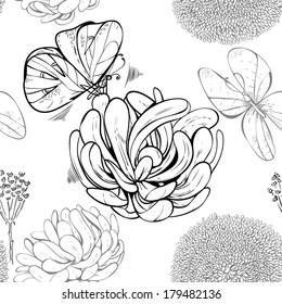 Seamless pattern with flowers and butterflies, black outlines